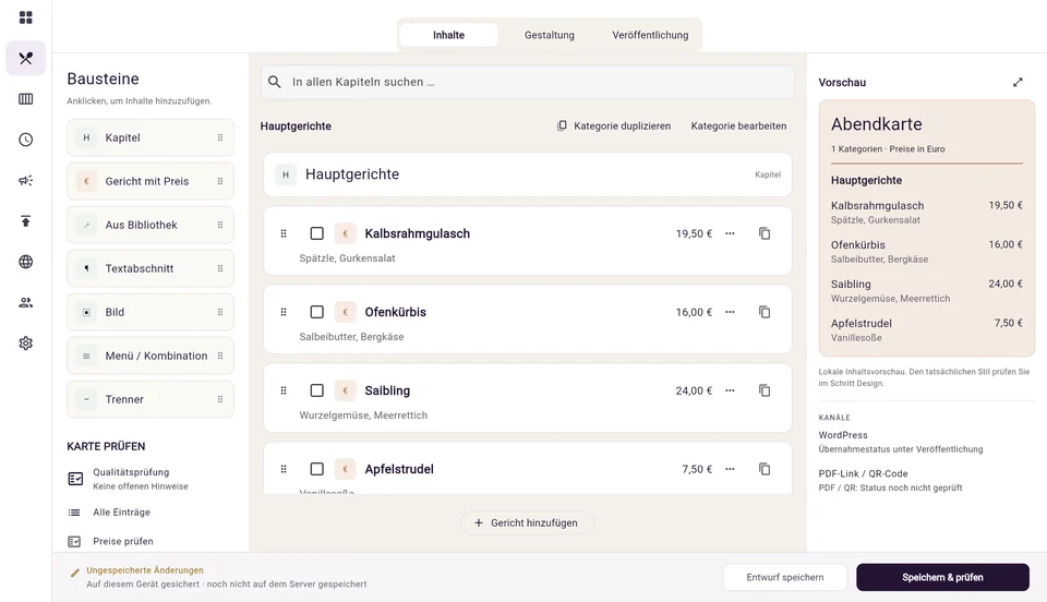 Echte Foodvuro-App: Inhalte und Karten verwalten, am Computer im Editor oder auf dem Smartphone in der Übersicht.